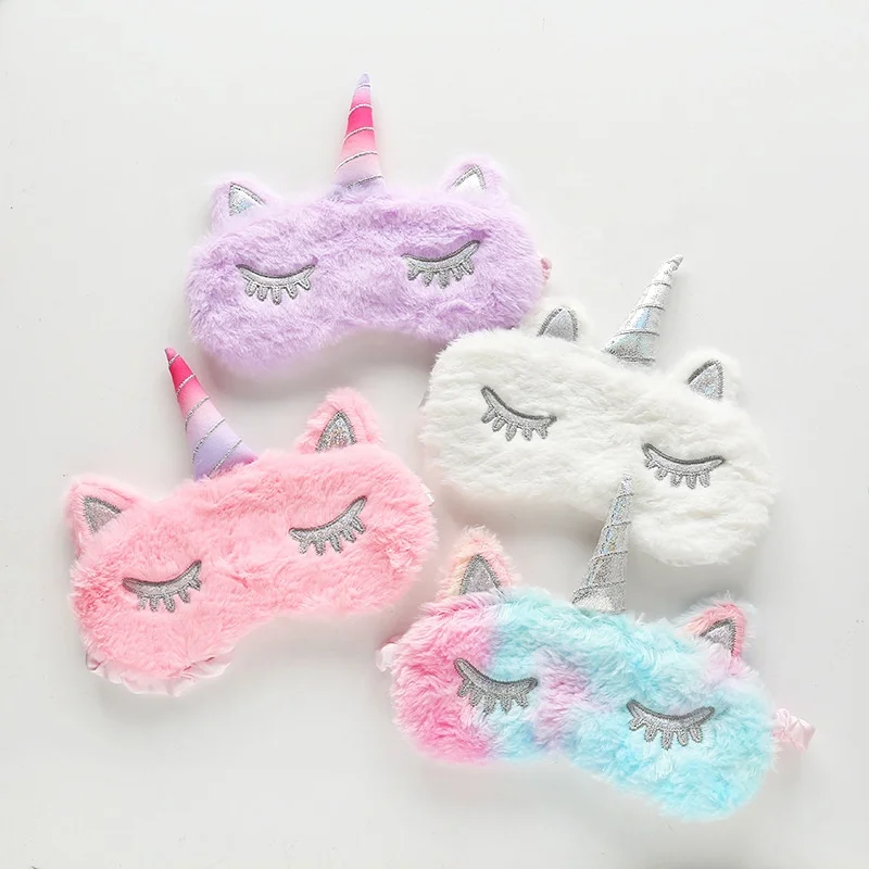

Unisex unicorns cartoon silver horn plush blackout sleeping eye mask