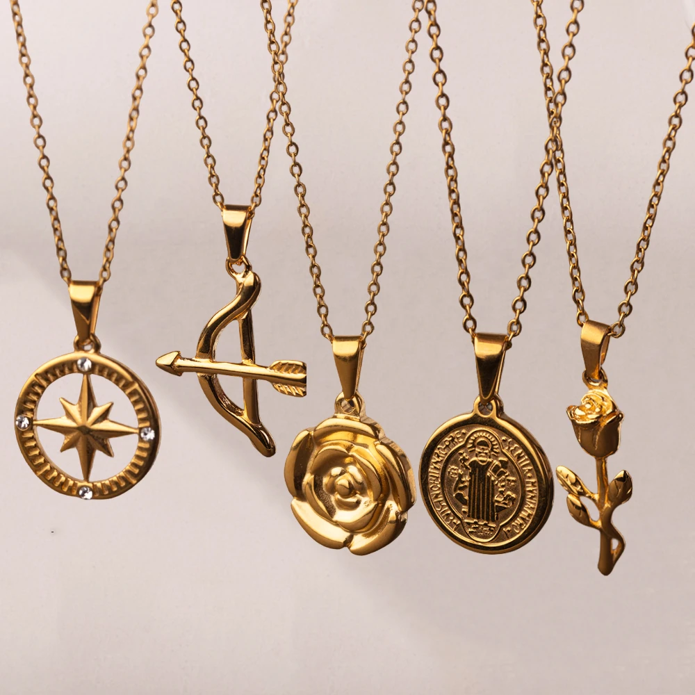 

New Fashion Hip Hop18k Gold Plated Stainless Steel Jewelry Compass Flower Pendant Necklace For Men Women