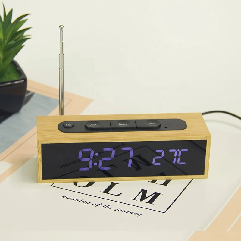 

Environment Friendly Natural Bamboo Table portable LED Digital FM Radio Alarm Clock with Temperature Voice Sensor