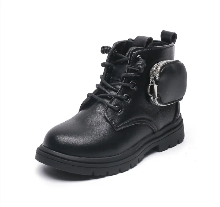 

PU leather round toe kids boots pocket shoes fleece lining full lace winter boots for children