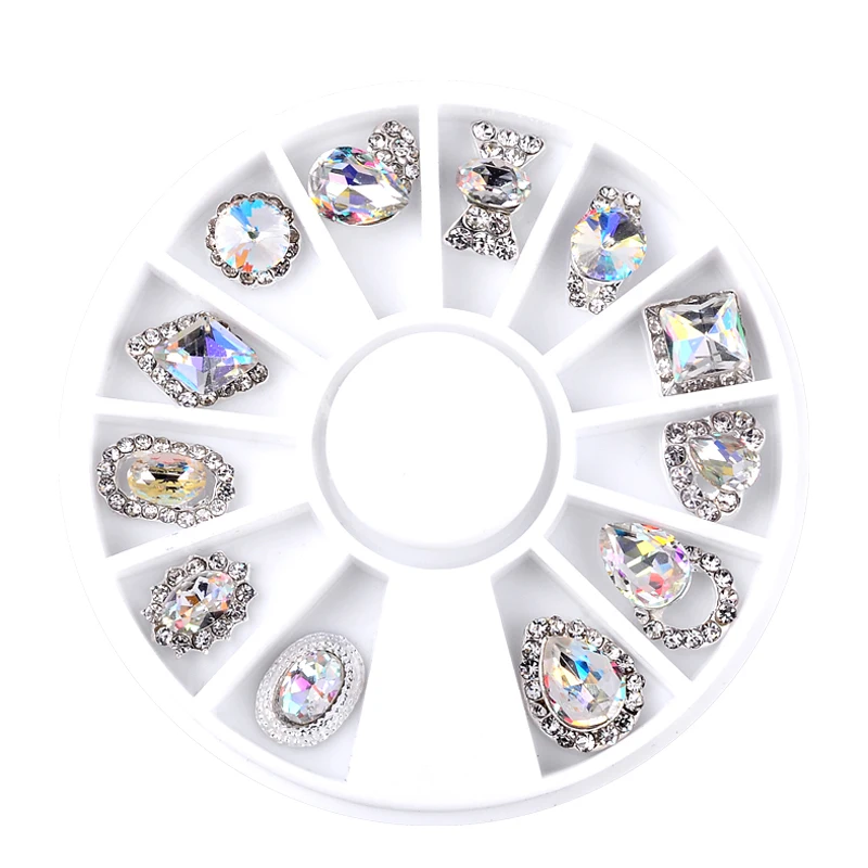 

12pcs/Box Luxury Clear AB Alloy Nail Rhinestone Wheel 3D Mix Waterdrop Bow-Knot Designs Metal Decorations Manicure Tools