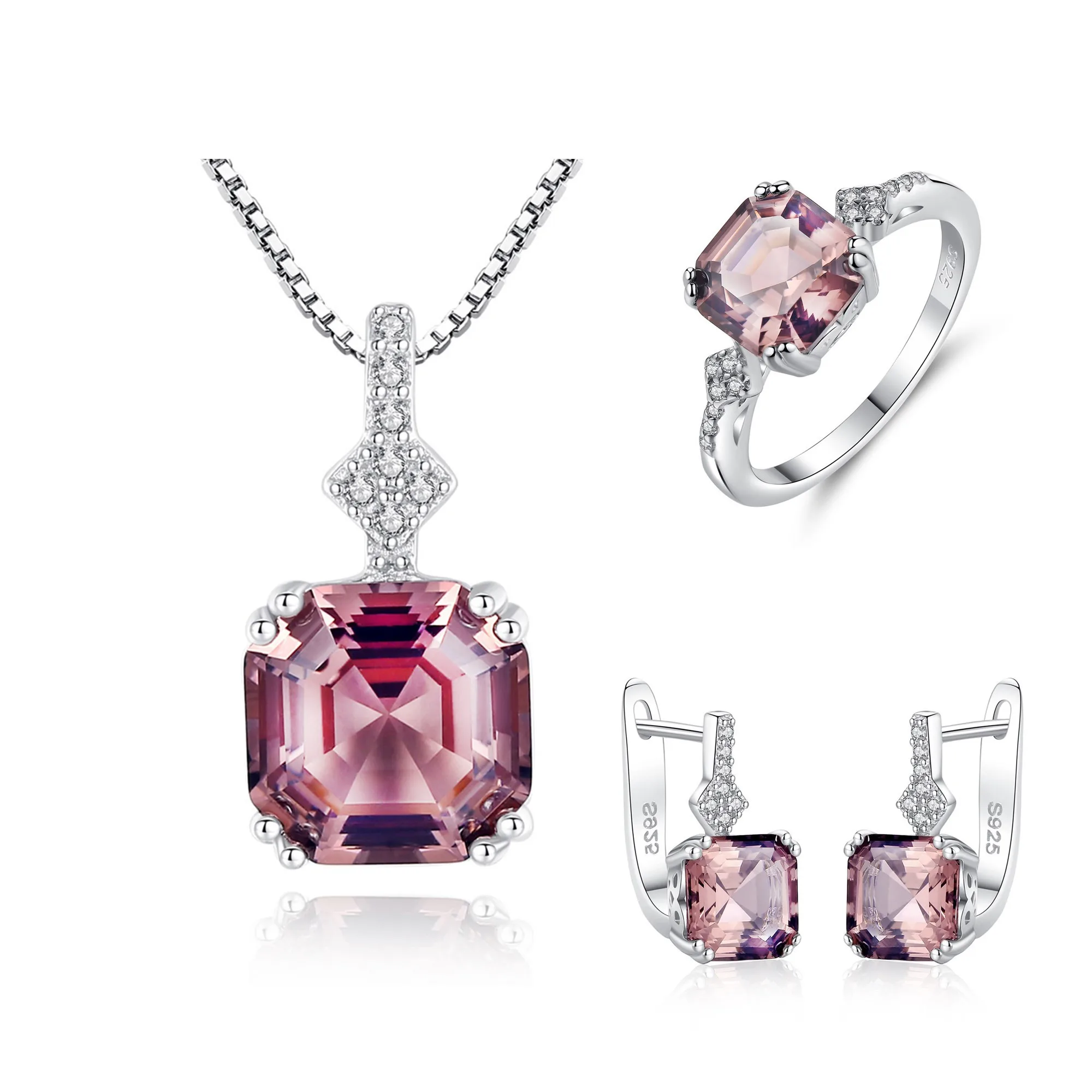 

Hotsale Fashion Women Jewelry Set 925 Sterling Silver Jewelry Cubic Zirconia Asscher Cut Morganite Stone Ring Necklace Earring