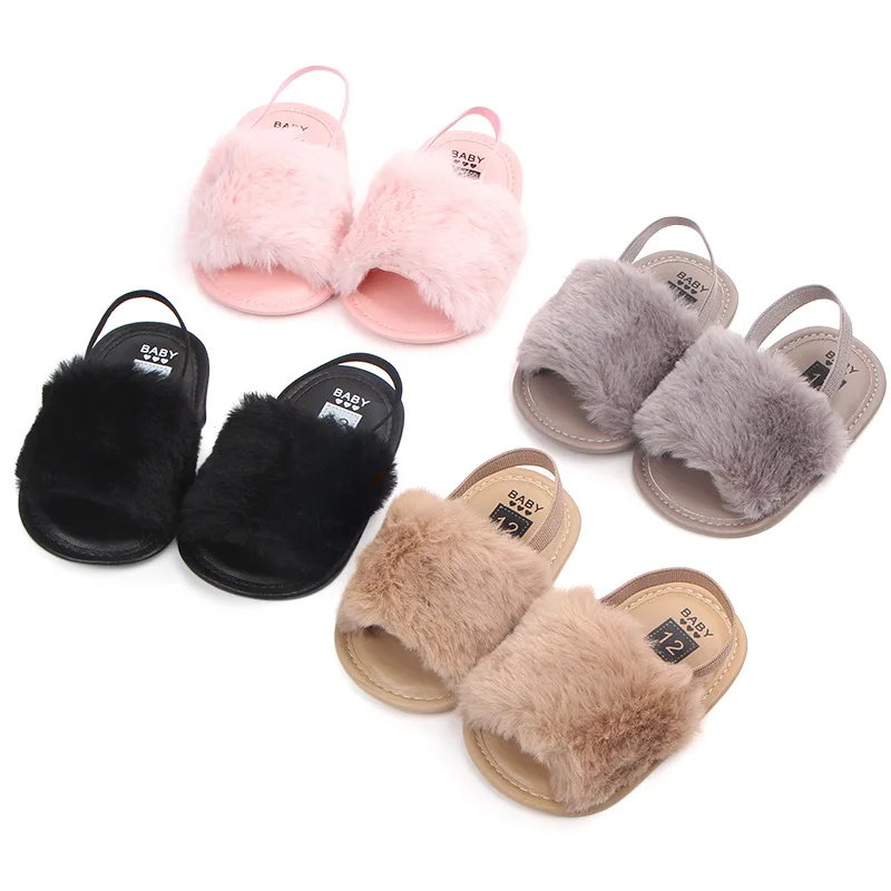 

Superstarer New style soft sole breathable baby fur shoes 0-1 years old elastic plush sandals wholesale