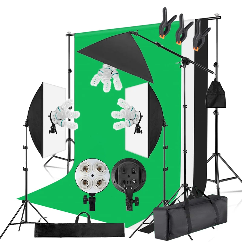 

Photo Studio Lighting Backdrop Stand Kit Photography Softbox Green Screen Background 5500K Light Bulbs for Video Shooting