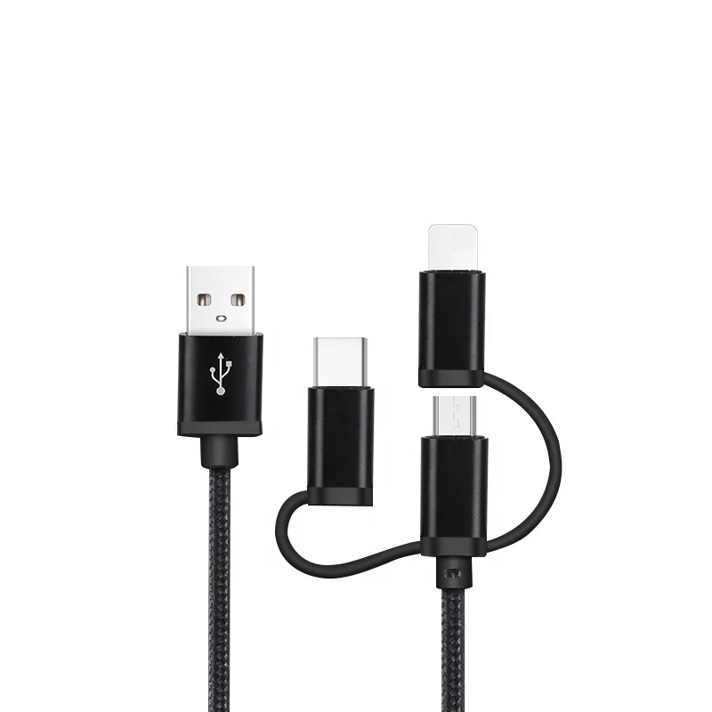 

1M woven three-in-one charge cable for iP Android 3 in 1 usb Mobile phone data cable type-c Fast Charge 2A Data Cable