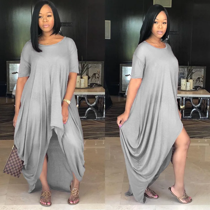 

high low Round neck cotton dresses plus size Irregular front short back long with short sleeve casual maxi dress of women