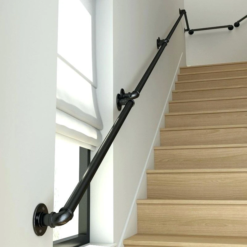 Kinmade Black Industrial Pipe Stair Handrail Complete Kit Interior ...