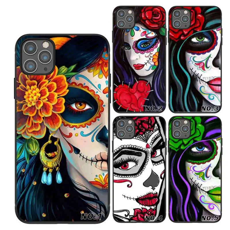 

2020 Fashion Mexican sugar skull art black TPU printed phone case for iPhone X XR Xs Max 11 11Pro 11Pro Max Case