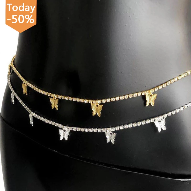 

New Fashion Sexy Body Jewelry For Women Girls Rhinestone Belly Chain Bikini Waist Chain Crystal Butterfly Waist Chain, Gold
