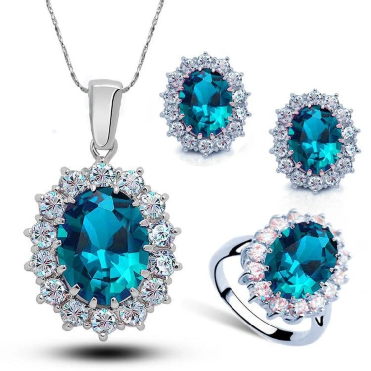

2021 High Quality Gold Jewelry Necklace Earrings Ring Gemstone Women Jewelry Set, Blue