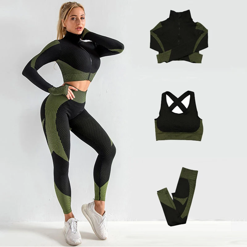 

50% Off Fashion Women Oem Comfortable High Waist Yoga Wear Ladies Workout 3 Pieces Seamless Fitness Zipper Yoga Set