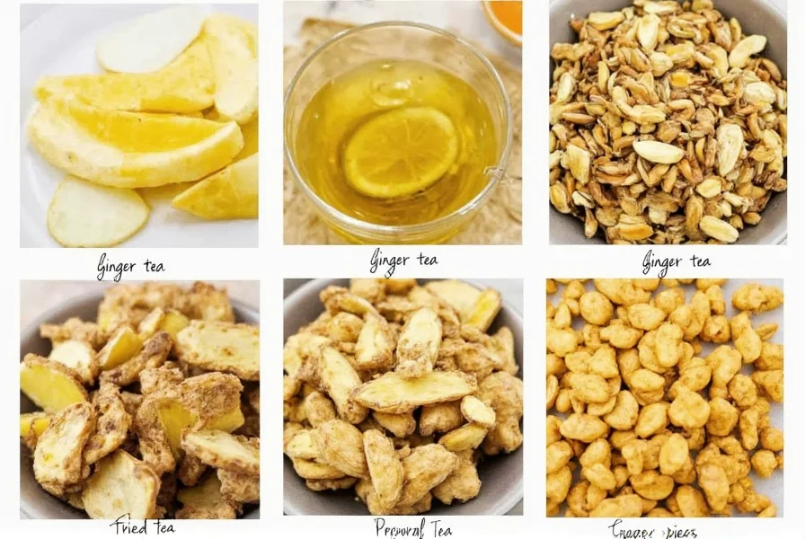 Various ginger tea preparations including fresh ginger slices and dried ginger pieces