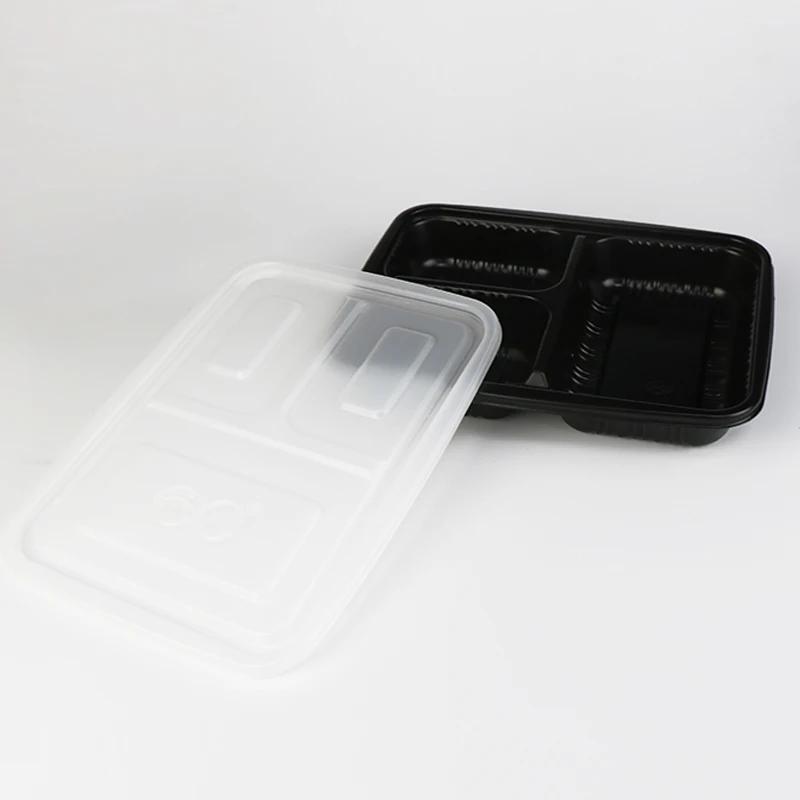 

PP Lunch Box Takeaway Disposable Storage with Lid 3 Compartment Plastic Storage Takeout Food Container Packaging, Semitransparent+black