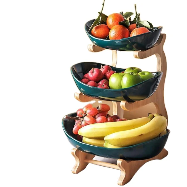 

3 Layer Oval Bowl Set Service Rack Bamboo Wooden Fruit Bowl Ceramic Fruit Plate