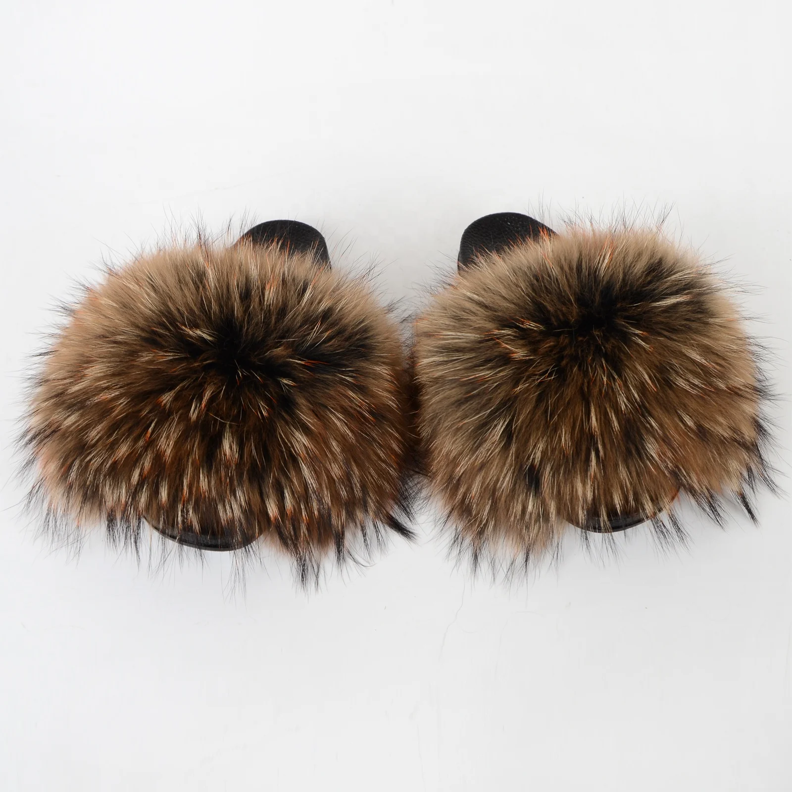 

INS Hotsale fashion raccoon fur fluffy slippers full fur cover all with raccoon nature color black tips us size, Customized color