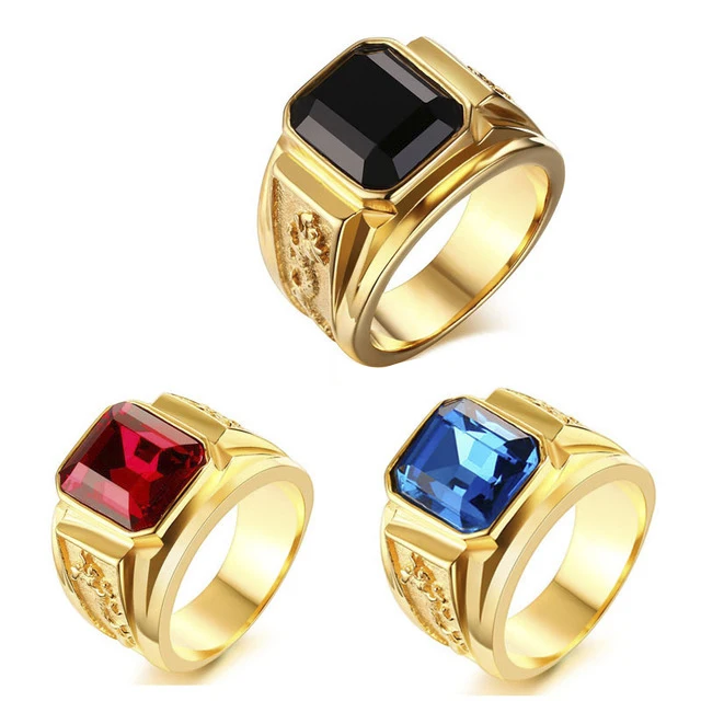 

Newest Hip Hop 16MM Men Rings Stainless Steel Gem Stone Rings Boy Ring Black Gemstone For Men