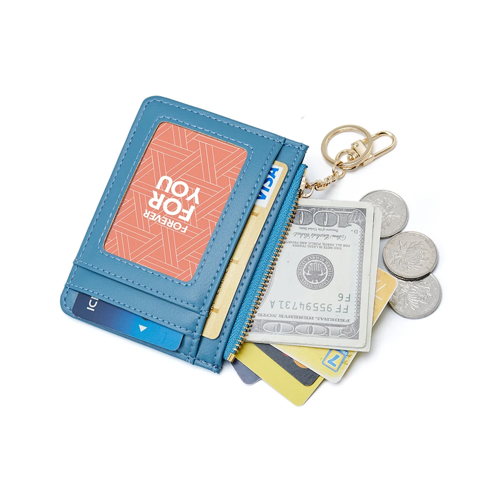

New Design Women Coin Purse Slim Wallet PU Leather Credit Card Holder with Keychain, Dark blue,black,red,gray,pink,yellow