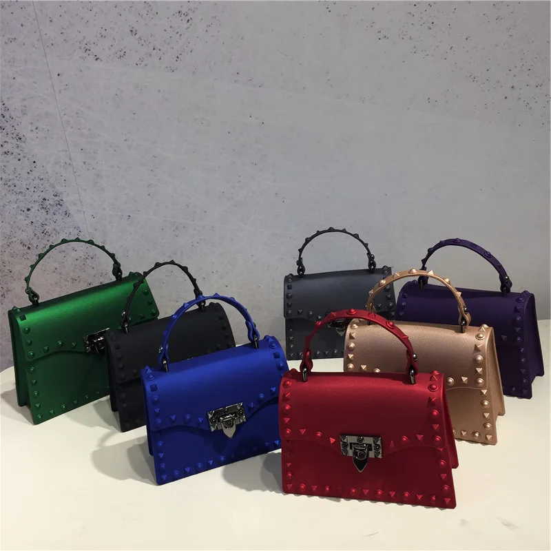 

2021 women's rivet handbag fashion matte PVC jelly bag trendy color single shoulder bag ladies, 14 colors