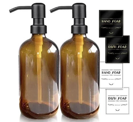 

Amber Glass Soap Dispenser Set 2 Pack Thick Amber Pint Jar Bottle with Black Pump Stainless Steel and Waterproof Labels 16Oz