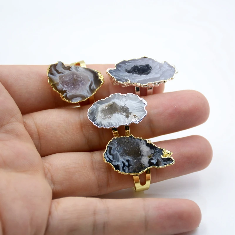 

Natural Wholesale Geode Agate Rings Free Form Gold Electroplated Adjustable Druzy Gemstone resizable Ring