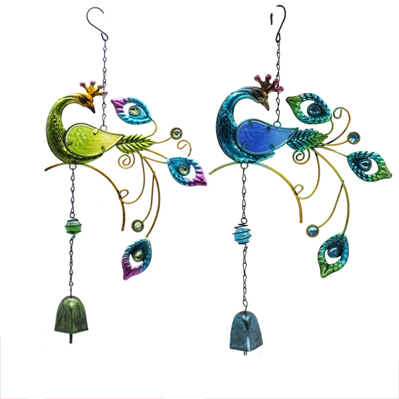 

EE029 Iron Wire Pendant Glass Beads Decoration Outside Yard Garden Hanging Decor Peacock Wind Chimes Glass Peacock Windchimes, As pic