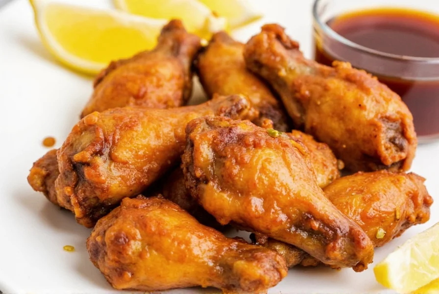 Finished lemon pepper wings tossed in glossy sauce served on white plate with lemon wedges