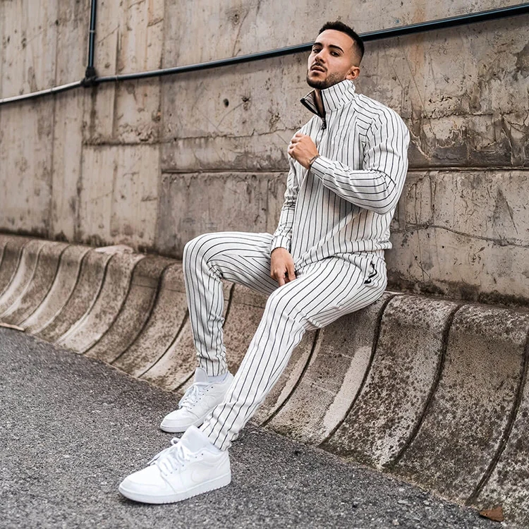

Wholesale Running Sports Striped Mens Tracksuits, White, gray, black