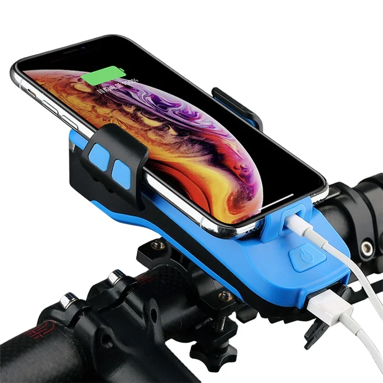 

4 in 1 Bicycle Light Bike Rechargeable Multifunction Front Light Phone Holder with Bell, Black/blue/pink/