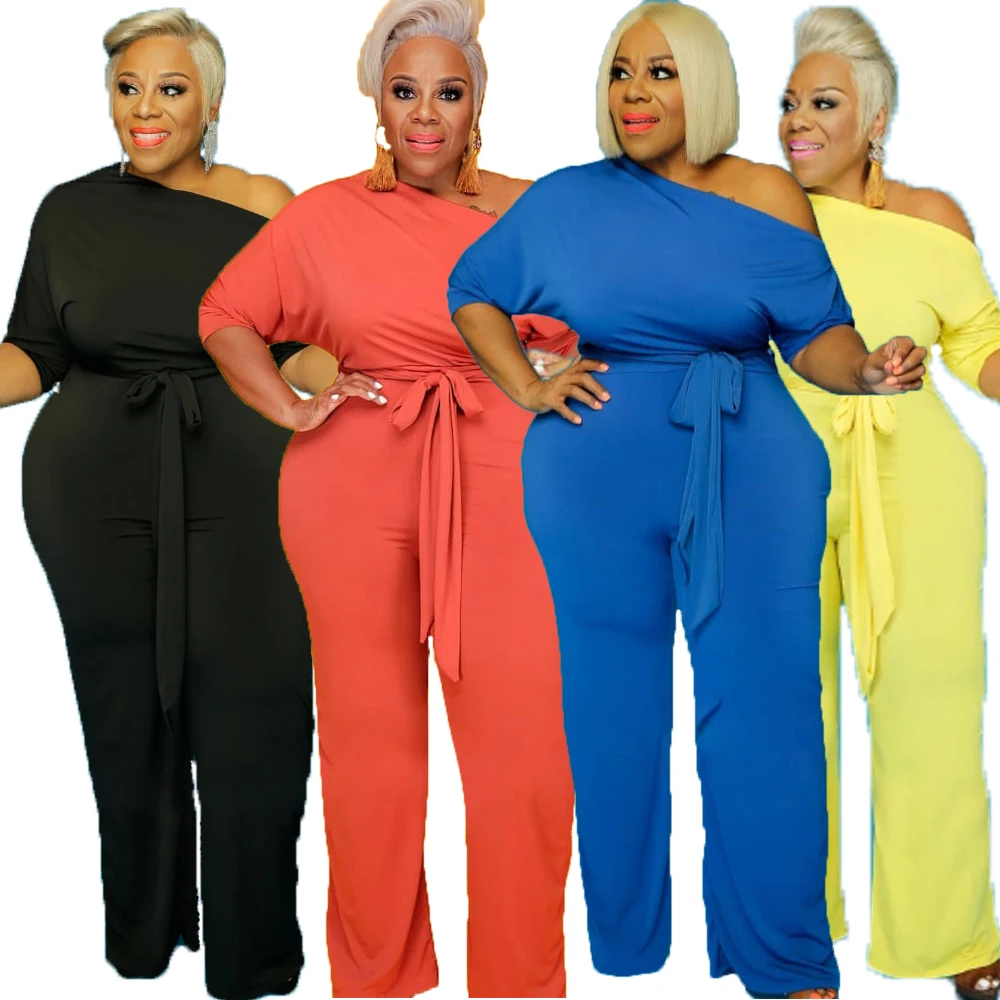 

European and American Oblique Shoulder Irregular Large Elastic Brushed Jumpsuit Solid Color Straight Leg Jumpsuit