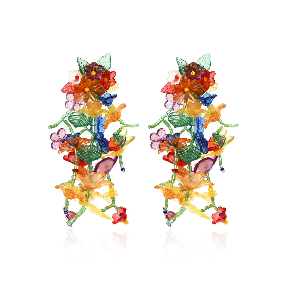 

OUYE Personalized Hand-woven Long Flower Tassel Rice Bead Earrings Exaggerated Flower Resin Earrings Cute Earrings For Girl, Colorful