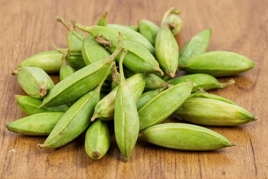 Close-up of green cardamom pods on wooden table with nutritional facts overlay