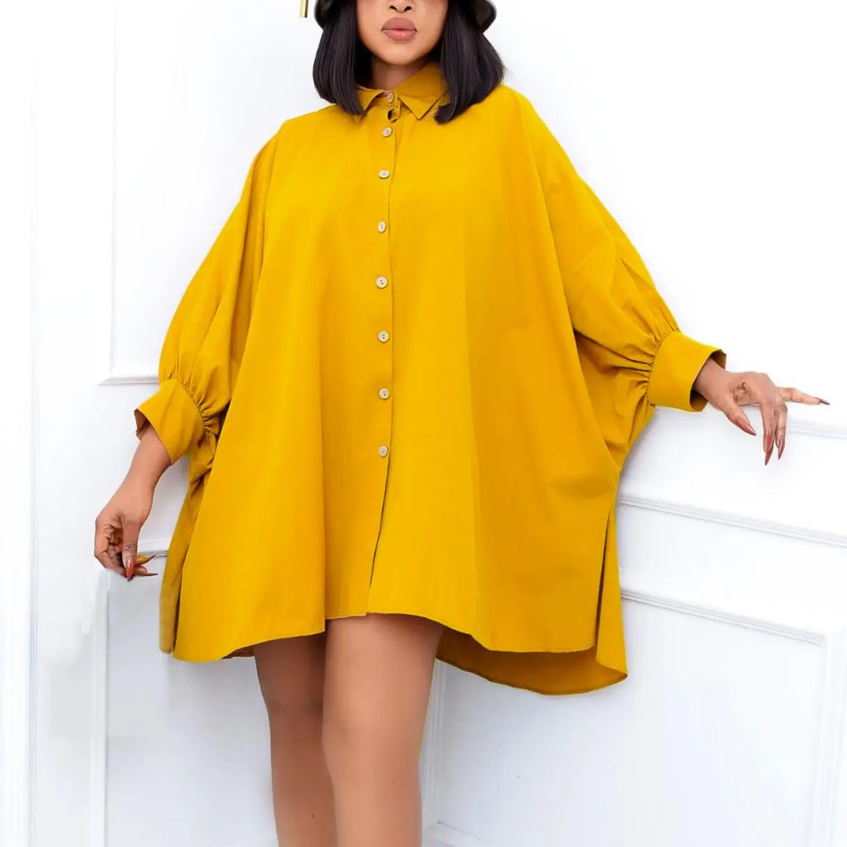 

2022 Spring New Fashion Button Plus Size Shirt Short Dress Loose Waist Temperament Bat Sleeve Lapel Dresses For Fat Women