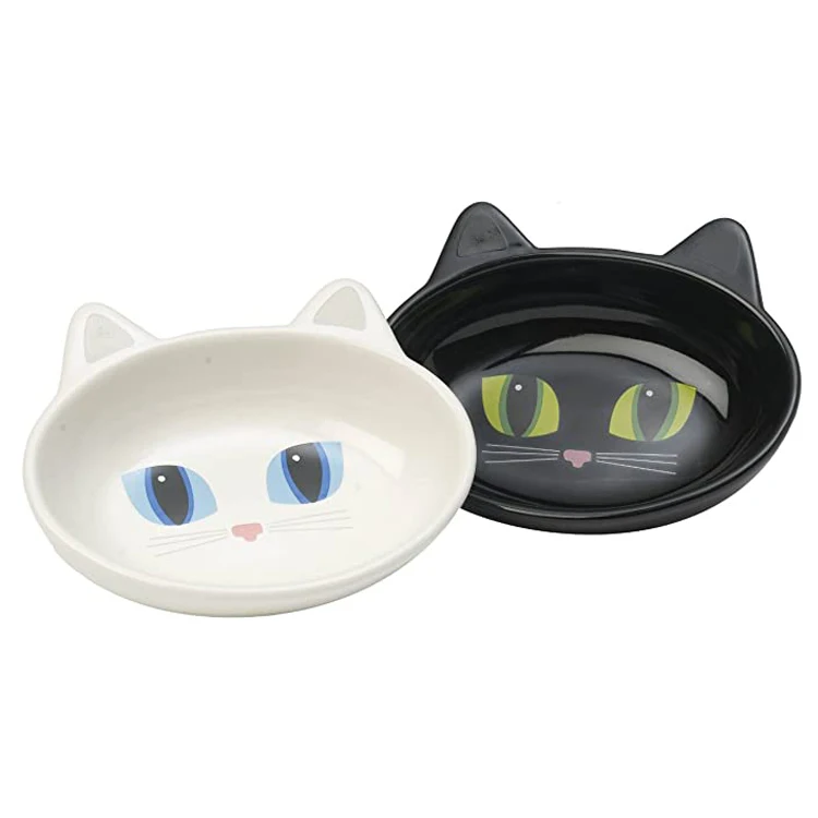 

cute design custom decal round pet dog feeder white black ceramic cat dish
