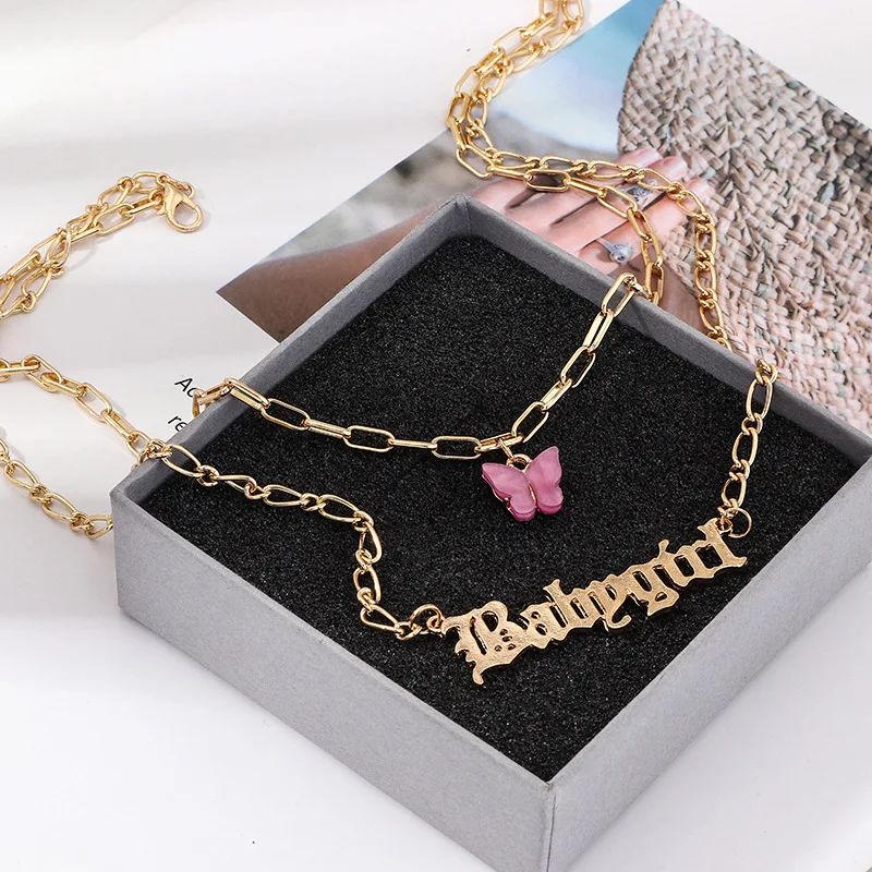 

2020 New Arrivals Bohemian 18K Gold Multi Layer Chain Link Letter Babygirl Pendant Necklace Acrylic Butterfly Choker Necklace