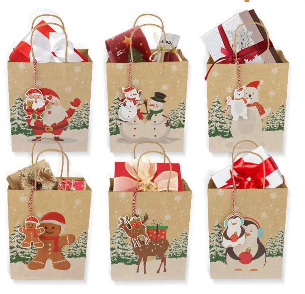 

hotly sold 6 design mix brown kraft Christmas gift paper food bag with tag