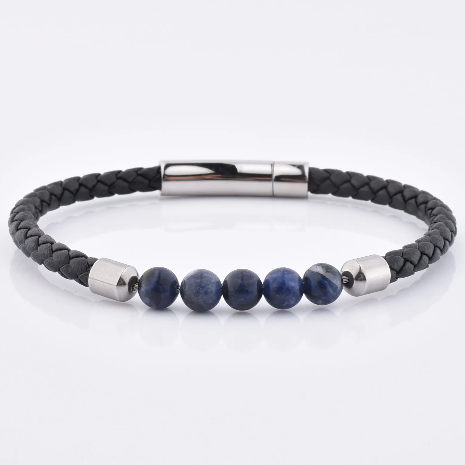 

Personalized Stylish Custom Sodalite Stone Bead Leather Beaded Mens Silver Bracelet