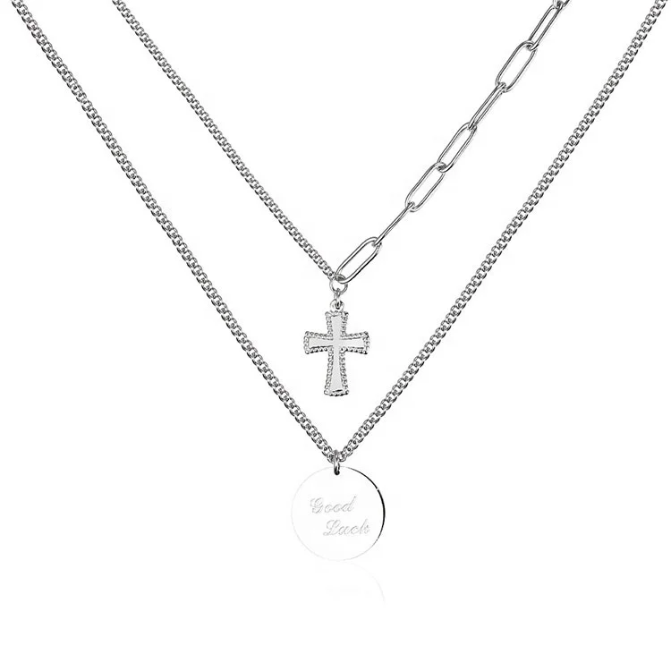 

Fashion Layered Design Stainless Steel Engraved Round Cross Charm Necklace Men Spiritual Jewelry