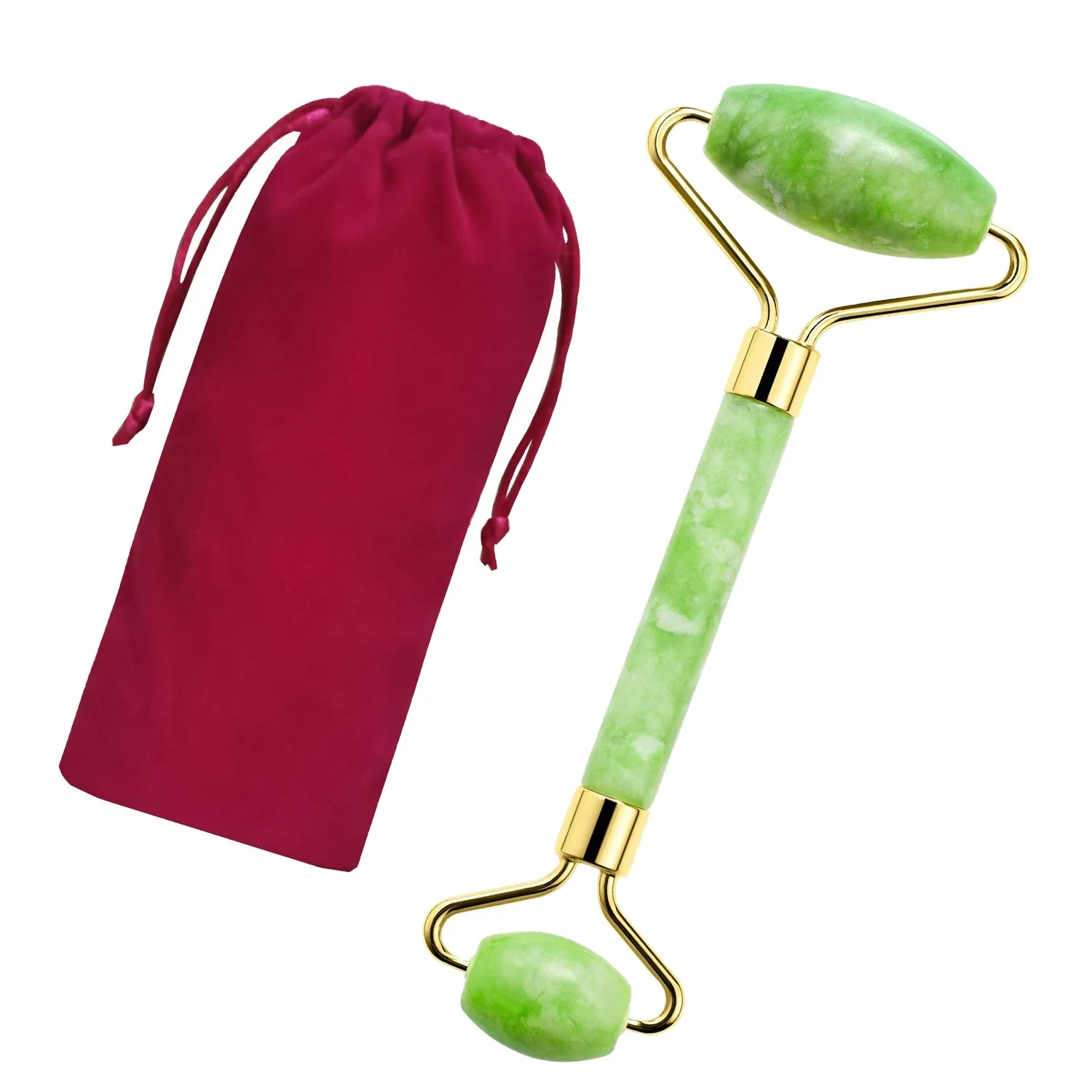 

Authentic Natural Stone rose quartz Jade Roller and guasha for Face Eyes Neck Body Tool Jade Facial Roller with Drawstring Pouch, Pink ,green