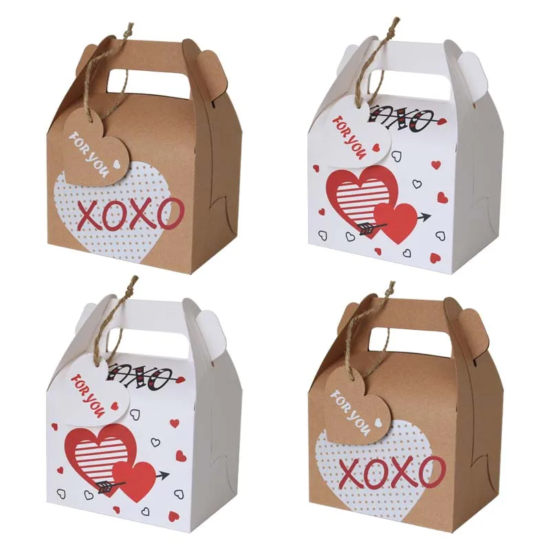 

New Nice Valentine Theme Heart Kraft Paper Box Party Favor Candy Gift Box With Handle And Tag