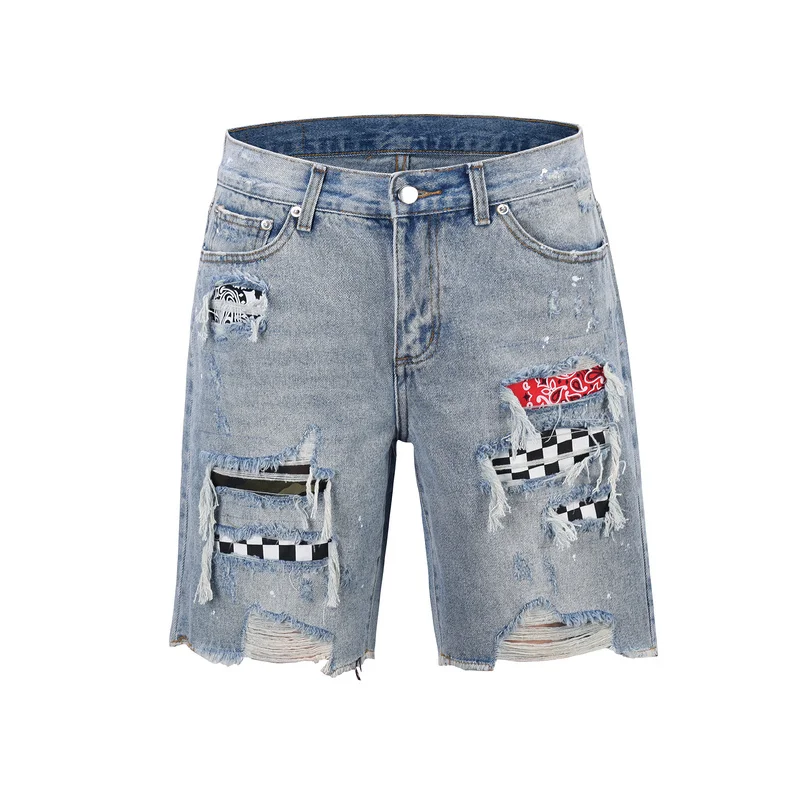 

Hot Sale Men Bandanna print casual destroyed Denim Jeans Shorts