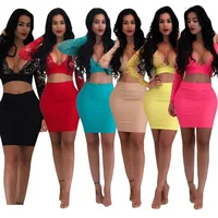 

Valentine's Day gift see-through dresses sexy crop top long sleeve lace mini skirt woman set