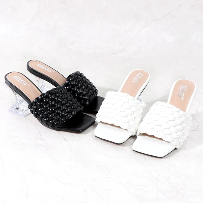 

2021 Fashion Clear Heels Weaving Open-Toed Square High Heel For Women