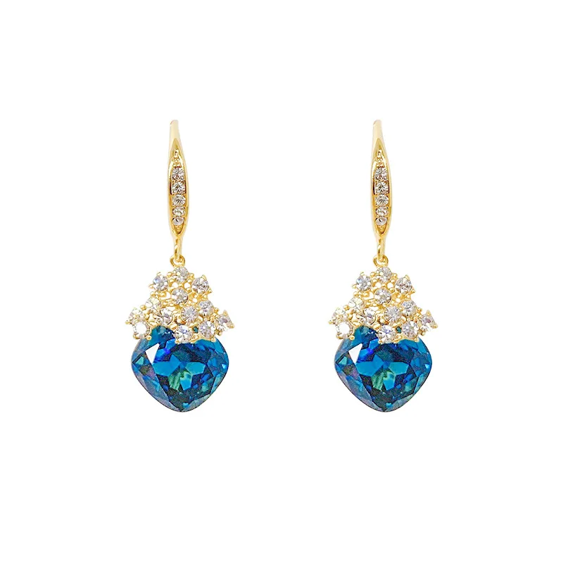 ED62698 Korean gold plated female jewelry hook zircon blue crystal square sapphire pendant channel earrings