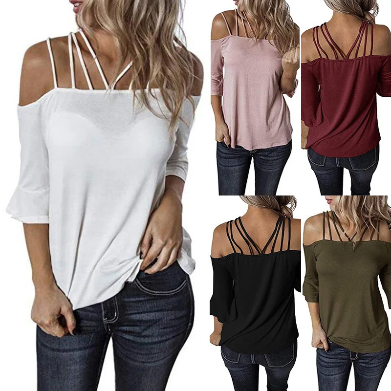 

Women's blouse off shoulder straps flare sleeve summer women's t shirt plain sexy black plus size t-shirt