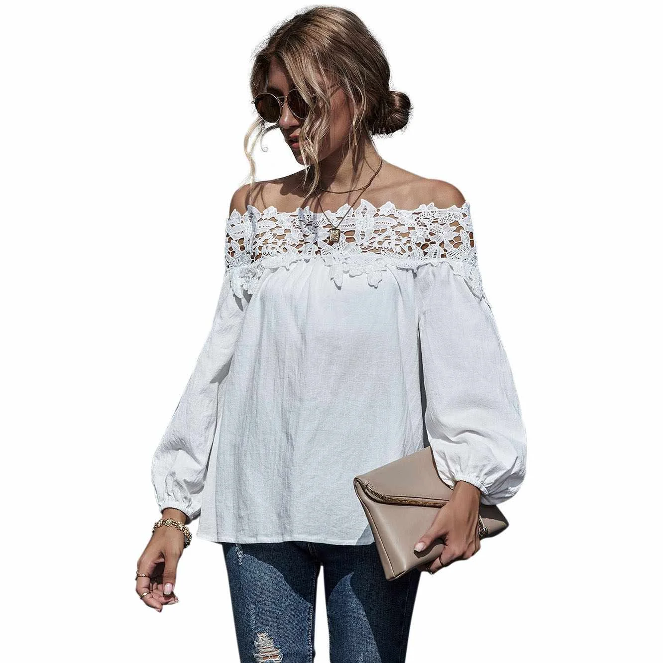 

Women Lace Stitching Sexy One-shoulder Puff Sleeve Top T-shirt Women