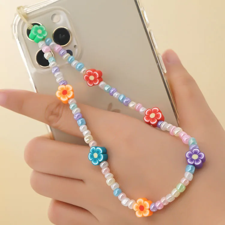 

90's Style Multicolor Colorful Tiny Seed Beaded Evil Eye Love Heart Smiley Flower Phone Accessories Charm Chain Straps