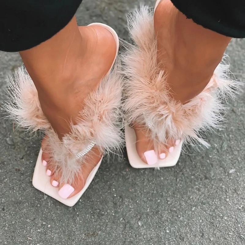 

Summer Slippers Women Furry Slides Fashion Square Toe Transparent Perspex Heels Rhinestone Sandals Female Flip Flop Shoe