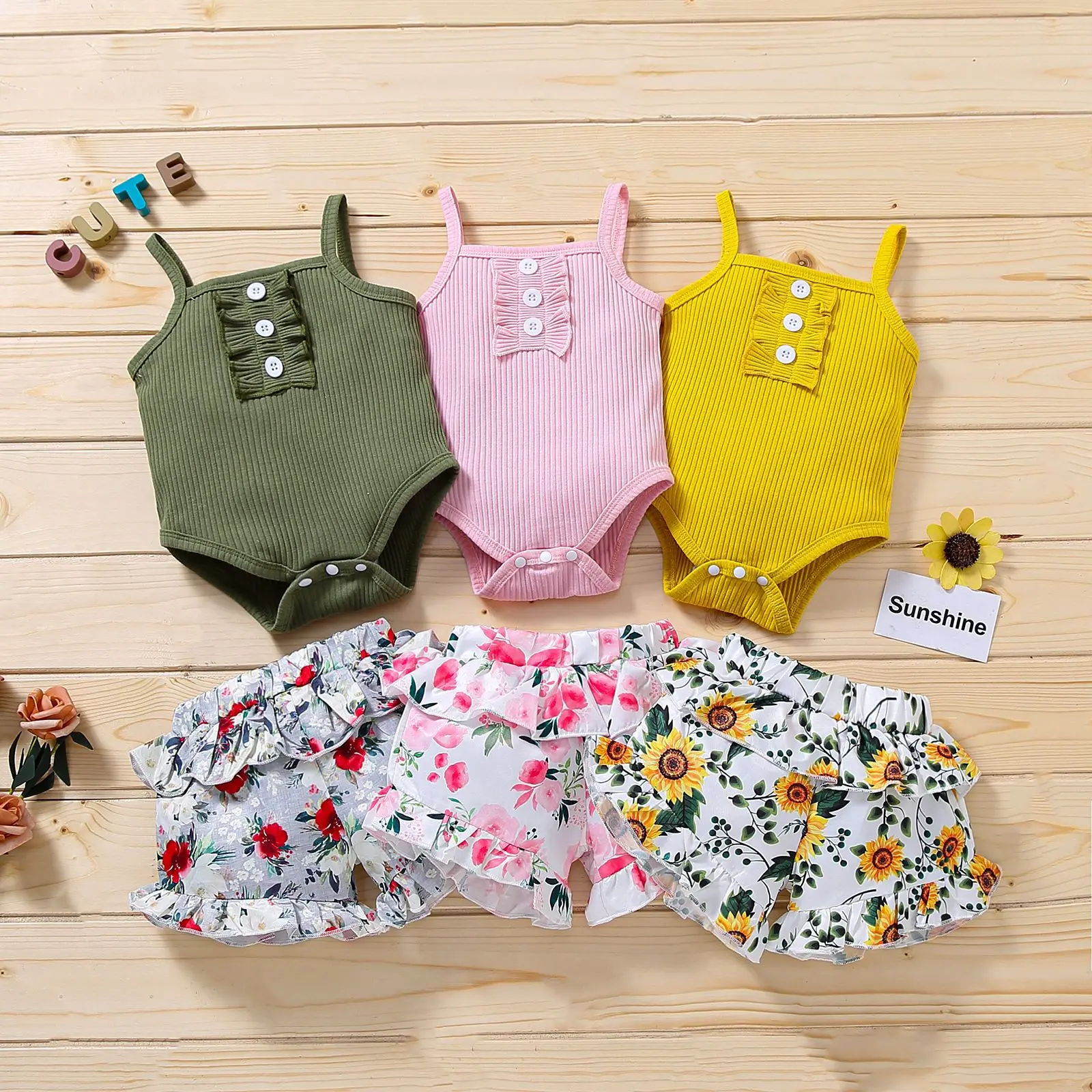 

Summer Infant Toddler Ribbed Cotton Singlet Romper Floral Ruffled Shorts Outfits Baby Girls Clothing Sets Clothes, Photo showed and customized color