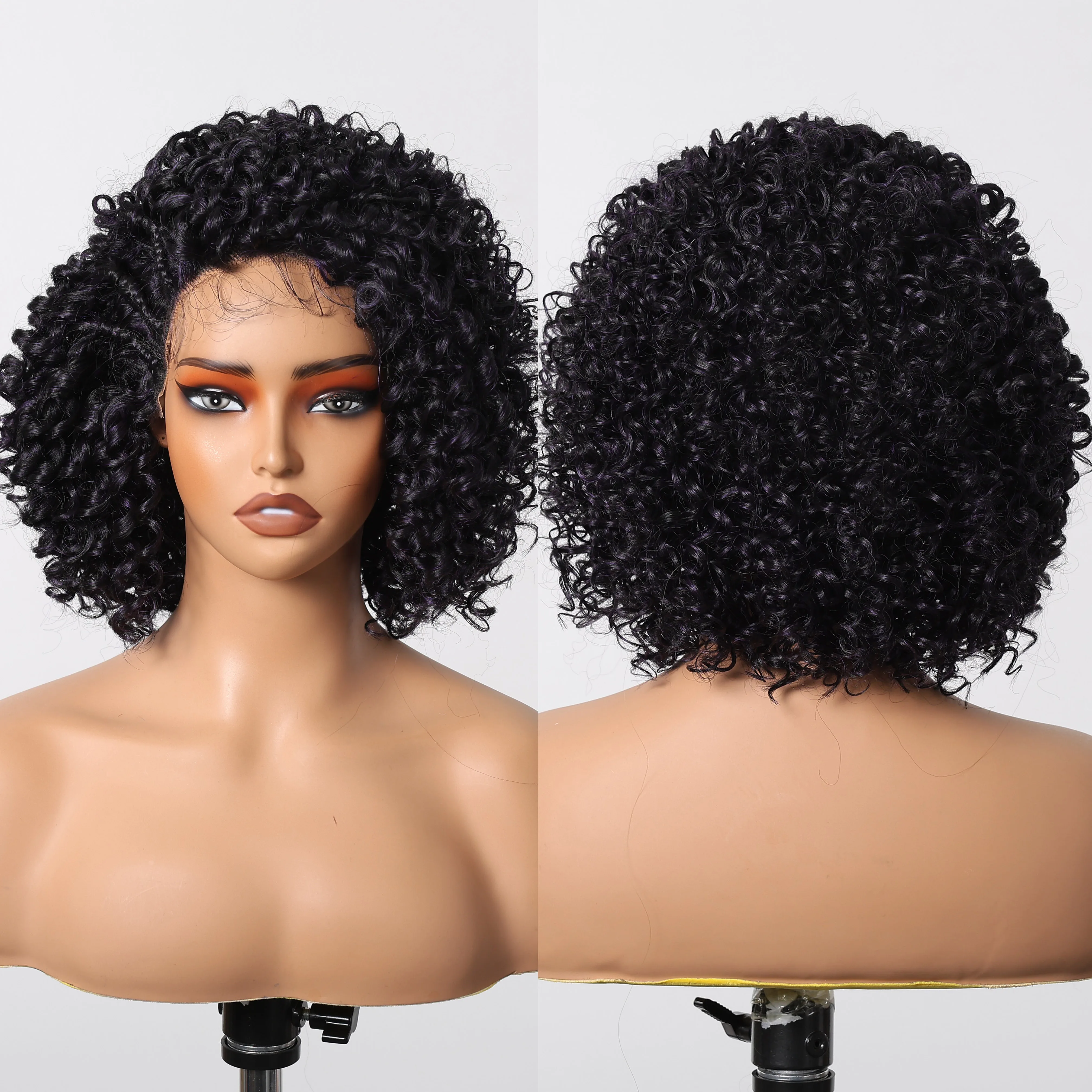 Heat Resistant Fiber Black Purple Layered Front Lace Wig Long Super African Curly Lace Synthetic Wig Flexible Elastic