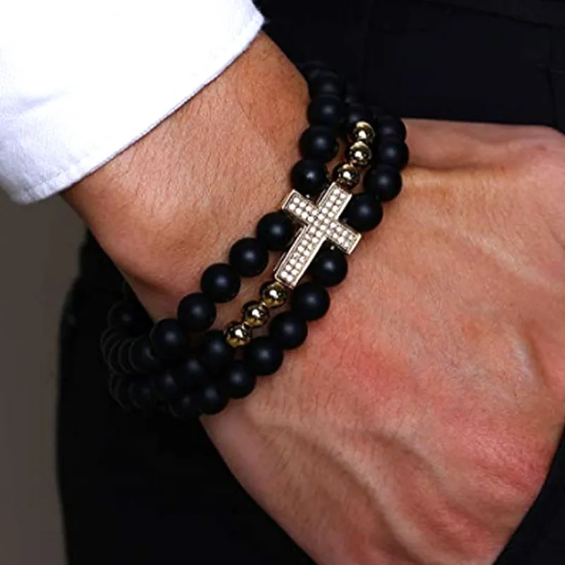 

Men's New Fashion Micro Cubic Zircon Cross Bracelet Polished 3 Layer Classic Men Jewelry Festivals Gifts